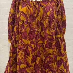 Olivaceous purple mustard yellow babydoll leaf print dress. Size L